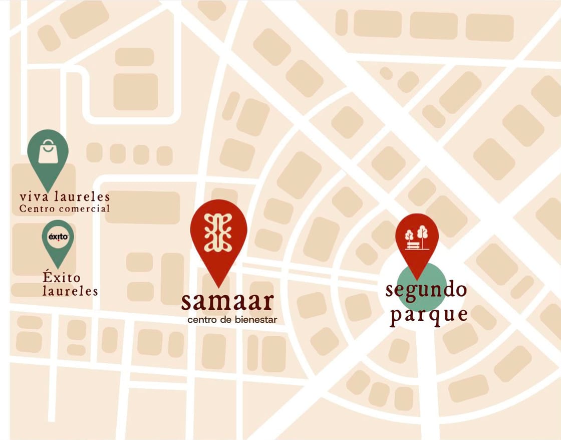 Map showing how to get to samaar in Laureles: between Viva Laureles, the Éxito de Laureles and the second park of Laureles.